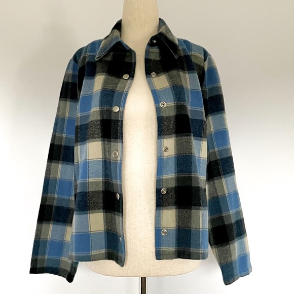 Lemon Grass Tops - 014 Lemon Grass Petite Wool Blend Plaid Oversized Flannel Shirt Shacket